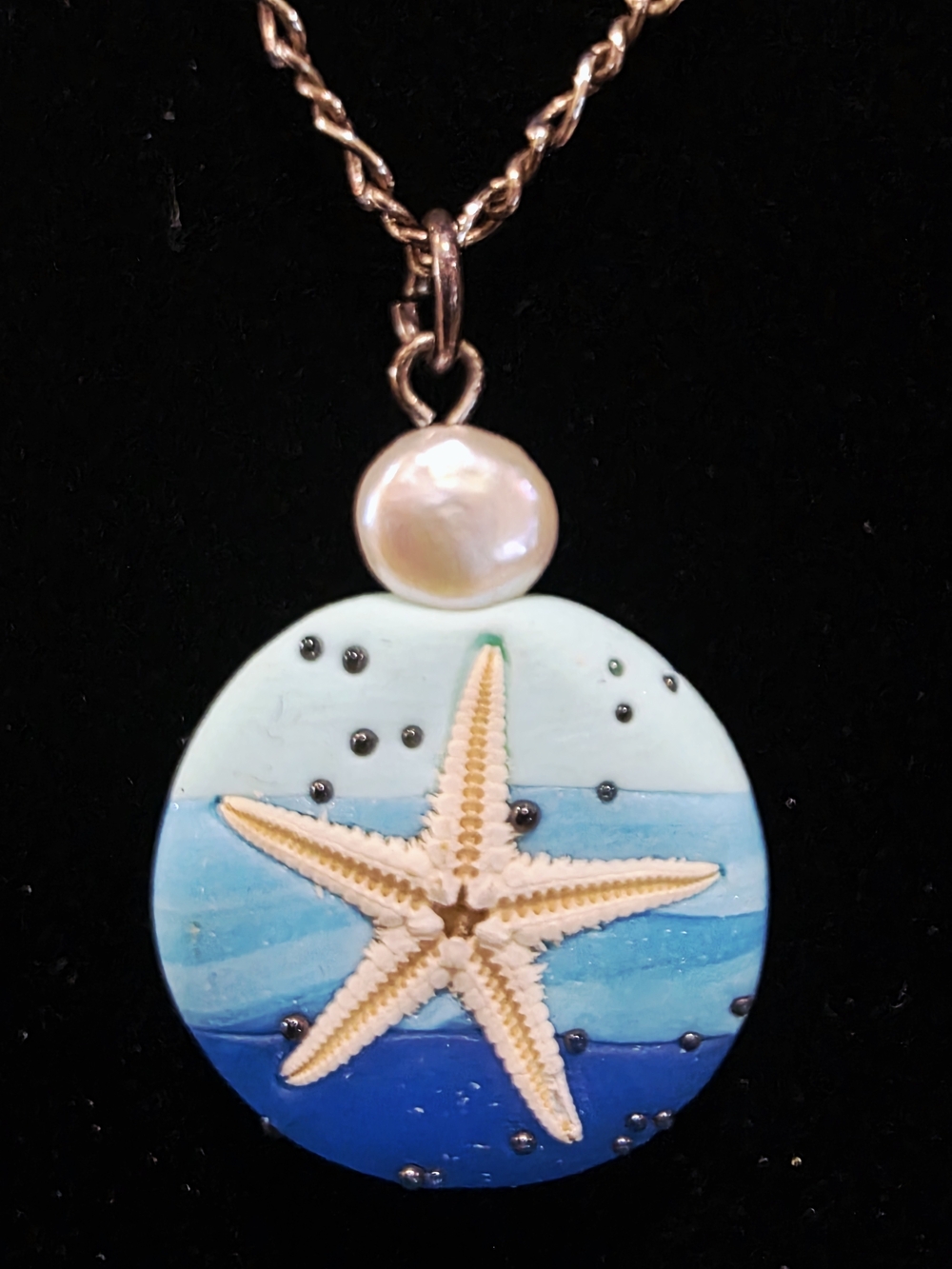 925 Sterling Silver Starfish Ocean Pendant Necklace Genuine Pearl Beach Art 3.2g
